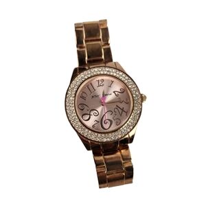 Betsey Johnson Gold Stainless Steel Crystal Rhinestone Large Number Watch Heart